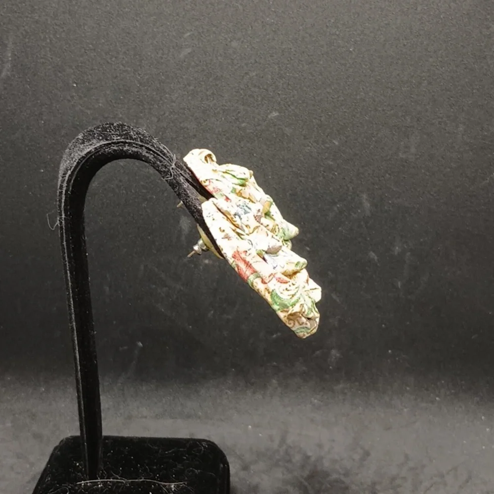 vintage multicolor glitter fabric ruffle pierced earrings - Picture 2 of 3